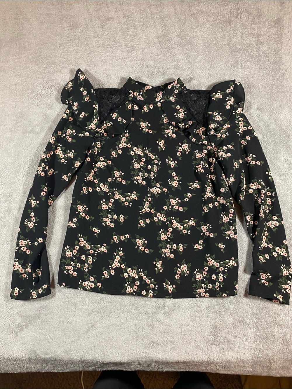 Miss Selfridge Black Floral Ruffle-Shoulder Long Sleeve Top